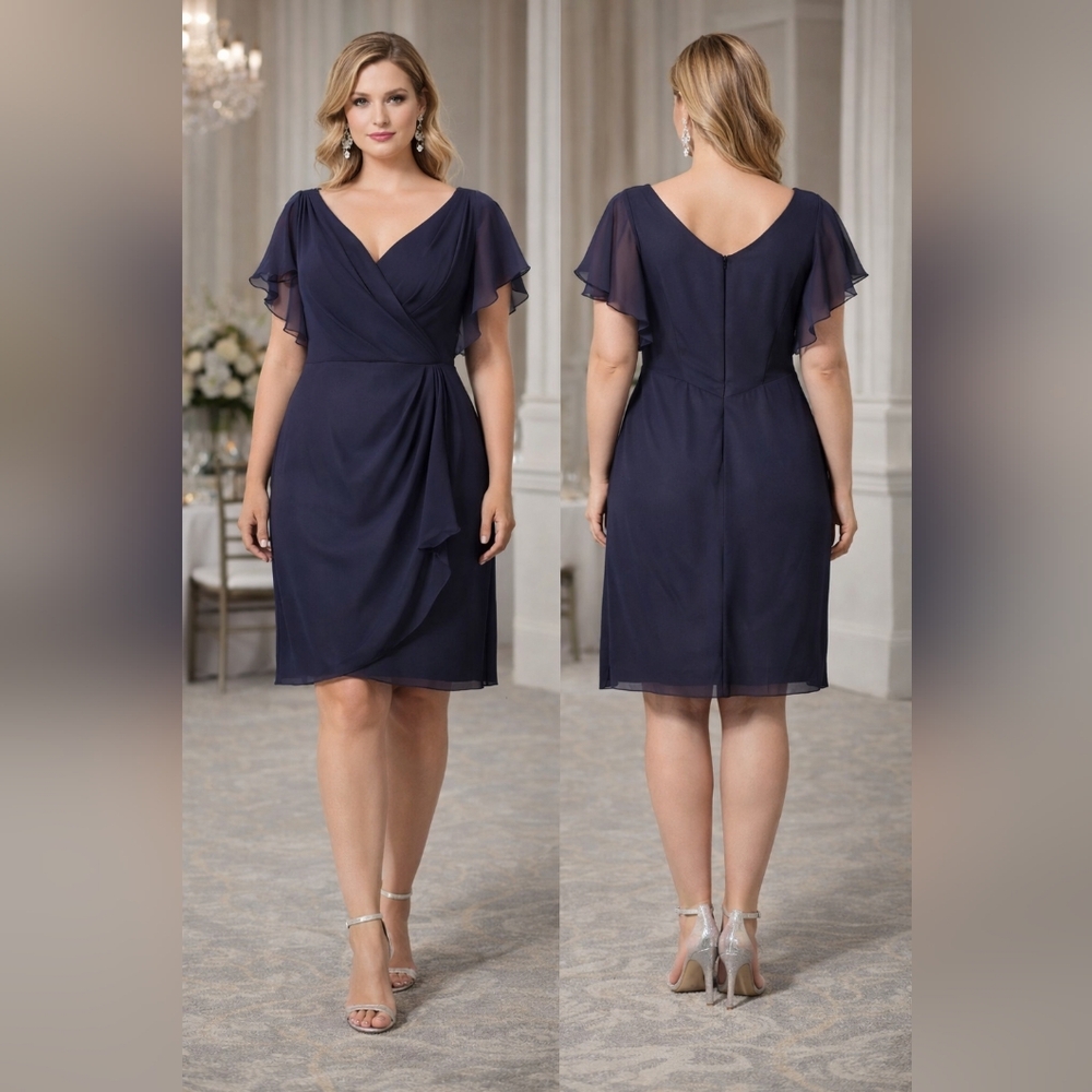 JJ’s House Navy Blue Chiffon Formal Dress | Women’s US 12 | Flutter Sleeve Cockt